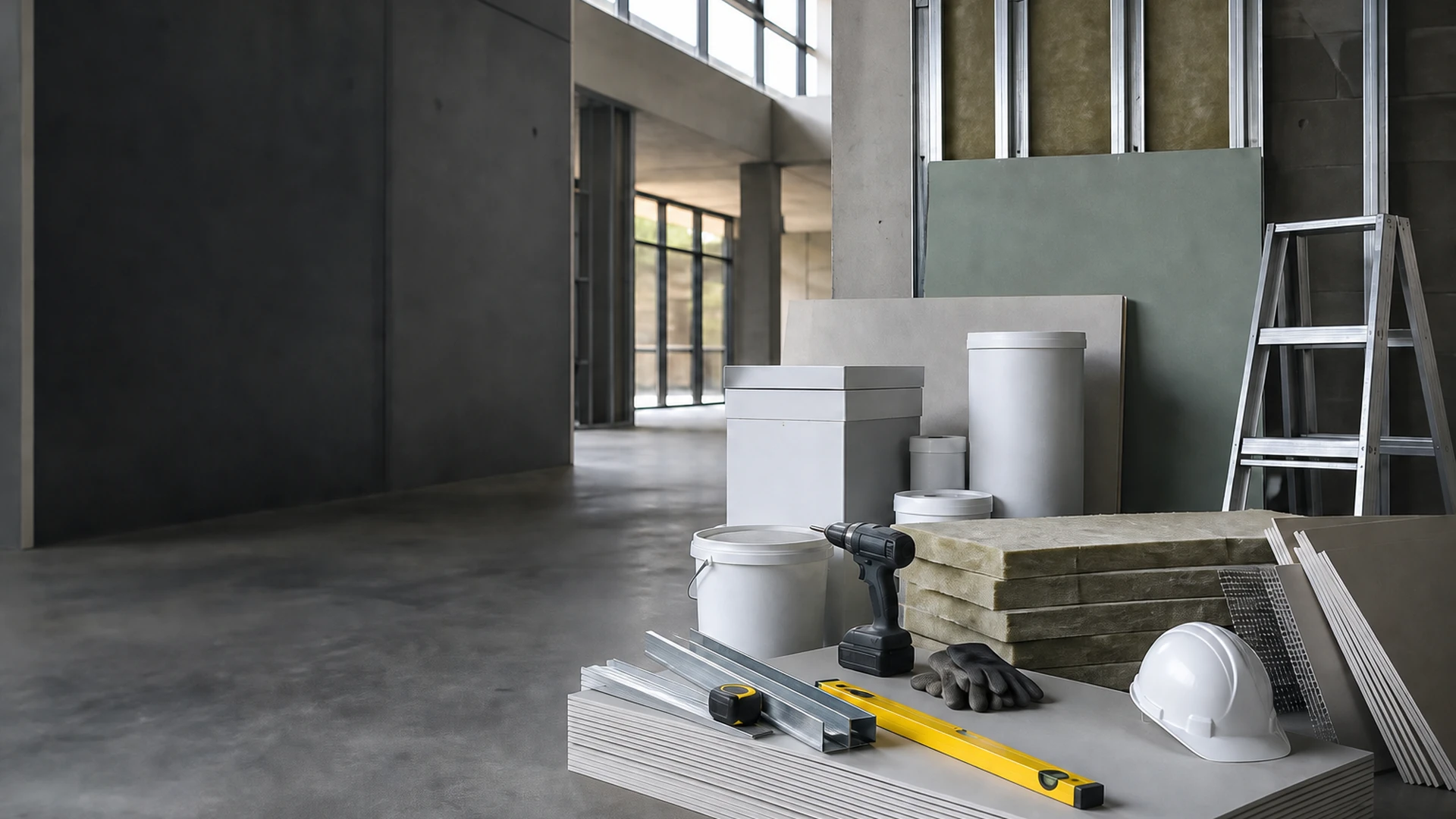 Building renovation materials and professional tools prepared for a European construction project.