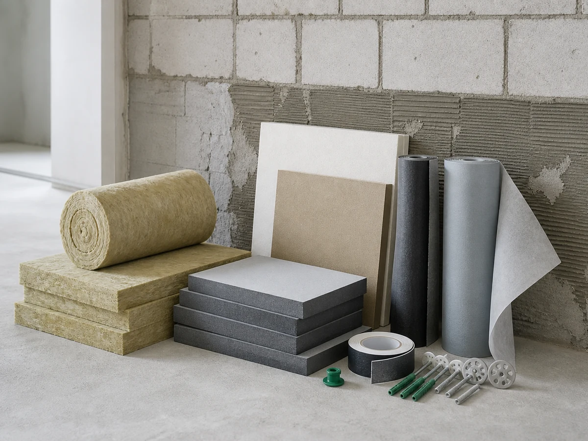 Insulation panels, membrane rolls and fixings arranged in a masonry renovation workspace.