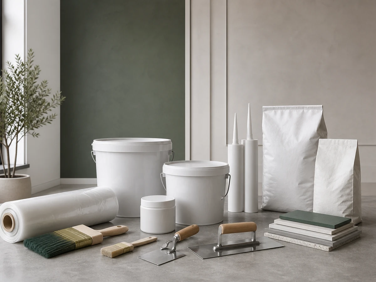 Unbranded maintenance and refurbishment materials arranged in a clean interior workspace.