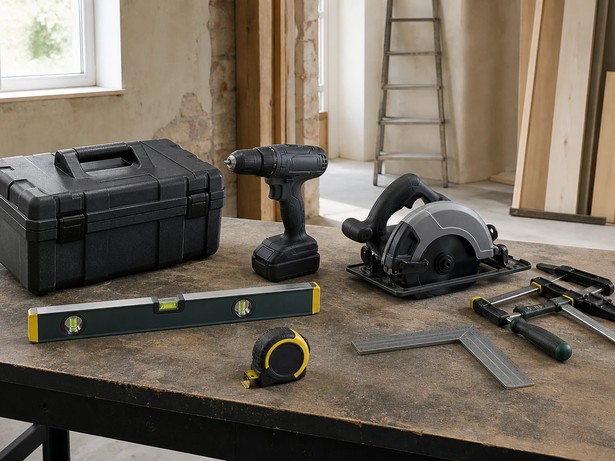 Professional construction tools arranged safely on a clean workbench.